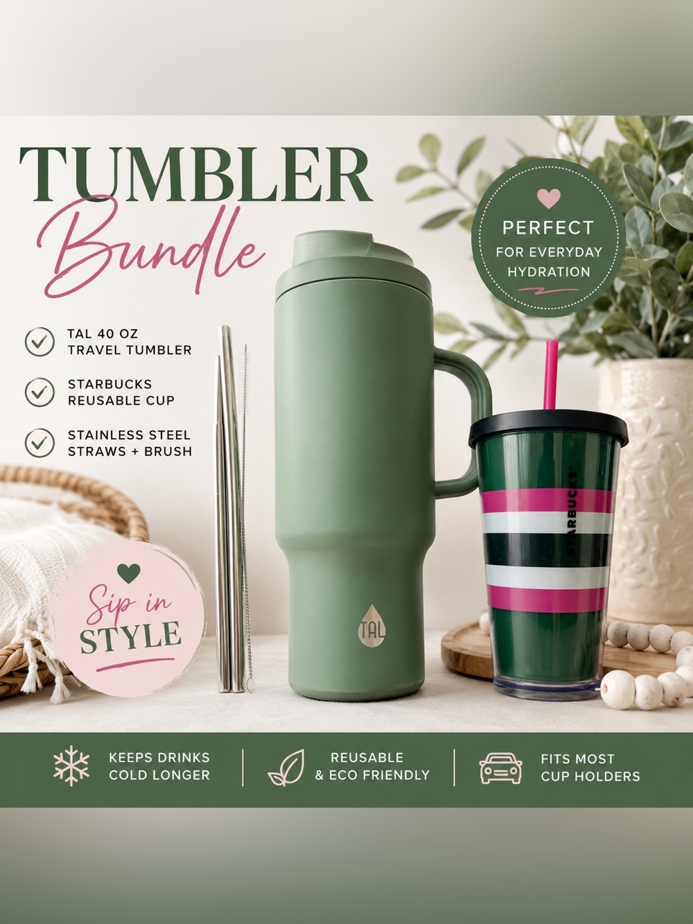TAL Sage Green 40 oz Insulated Travel Tumbler Handle Lid & Starbuck Cup Bundle